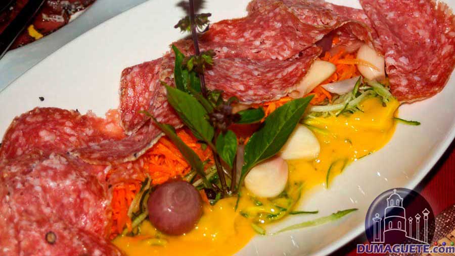 Salami Cold Cuts on Bed of Carrots with Chalottes and Mango Mustard Dressing