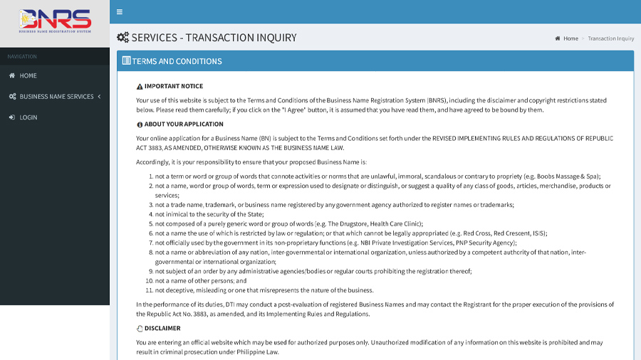 DTI - Business Name - Transaction Inquiry